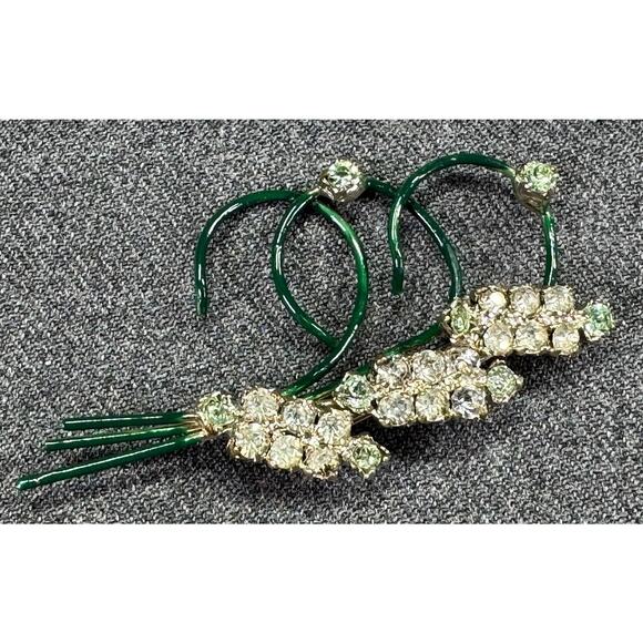 Vintage Enamel Brooch with Light Green and Clear Rhinestones - Picture 6 of 8